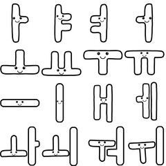 Cute korean alphabet vowel doodle character with smile expression and highlighted heart eyes, an outline black and white illustration set for stickers, emoji, and coloring books. 