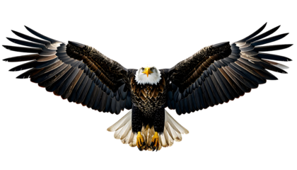 Majestic bald eagle in flight, wings spread wide, intense gaze, dark background
