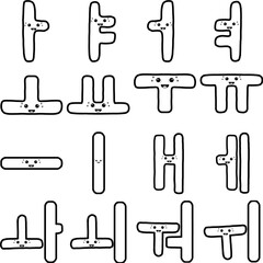 Fototapeta premium Cute korean alphabet vowel doodle character with sparkly eyes expression and highlighted heart eyes, an outline black and white illustration set for stickers, emoji, and coloring books. 
