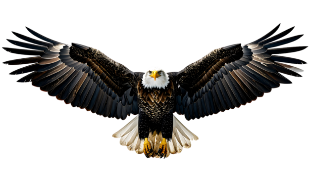 Majestic bald eagle in flight, wings spread wide, intense gaze, dark background