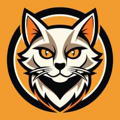 Fierce white cat head emblem with intense orange eyes and dark outline on orange background