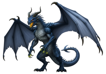 A magnificent, dark-blue dragon, wings outstretched, stands powerfully against a black background.