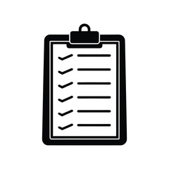 A simple black and white icon representing a checklist on a clipboard, suggesting task completion, organization, and productivity in a professional or personal setting