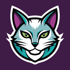 Fototapeta premium Stylized fierce cat face with green eyes and teal accents on purple background