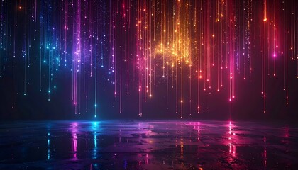 Vibrant neon light trails and glowing particles fall on a reflective wet floor, creating a dynamic and futuristic digital background perfect for events, shows, or technology themes.