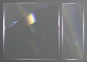 Transparent glossy glass frame with rainbow light reflection isolated on background.
