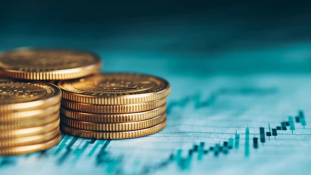 US banking system, stacked coins on financial documents.