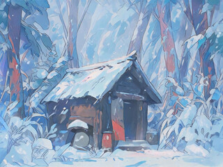 Snow-covered forest and hut