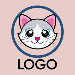 Cute cartoon cat face logo with big eyes and pink ears inside a blue circle
