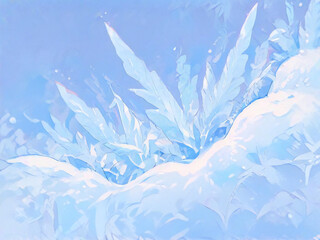 Snowy scenery with a close-up of ice crystals