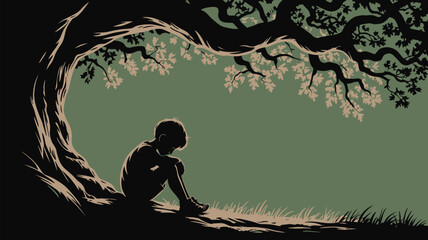 Lost in thought, a boy finds solace beneath the sheltering branches of an old tree, creating a moment of quiet reflection and solitude