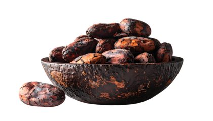 Roasted cocoa beans in a dark, rustic wooden bowl, two beans sit beside it against a black background