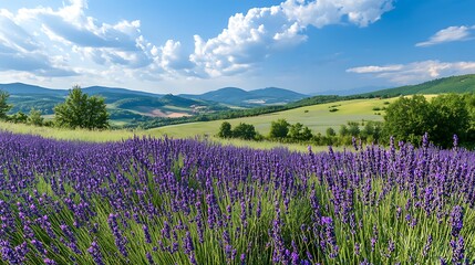 Fototapeta premium A picturesque lavender field with rolling hills and a blue sky with fluffy clouds, creating a serene and peaceful countryside scene