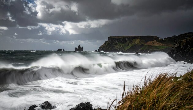 Powerful waves crash against a rocky coastline under a dramatic, cloudy sky, with cliffs and vegetation visible in the background.
