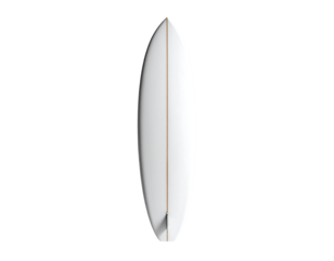 White surfboard with a subtle brown center line and a small fin at the bottom, viewed from above against a black background