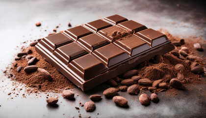 Chocolate Bar On A Clean Surface With Rich Velvety Texture And Cocoa Nibs Scattered Around