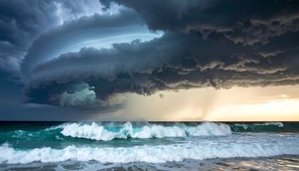 Dramatic storm clouds loom over a turbulent ocean with crashing waves and a sandy beach at the horizon.
