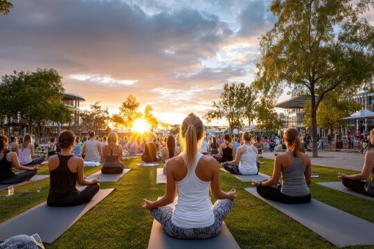 Outdoor Group Yoga at Sunset in Urban Park