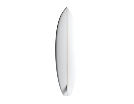 White surfboard with a subtle brown center line and a small fin at the bottom, viewed from above against a black background