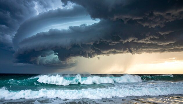 Dramatic storm clouds loom over a turbulent ocean with crashing waves and a sandy beach at the horizon.