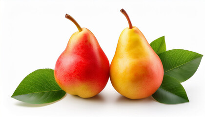 Two Whole Ripe Red Yellow Pear Fruits With Green Leaves Closeup Isolated On White Background Healthy Food