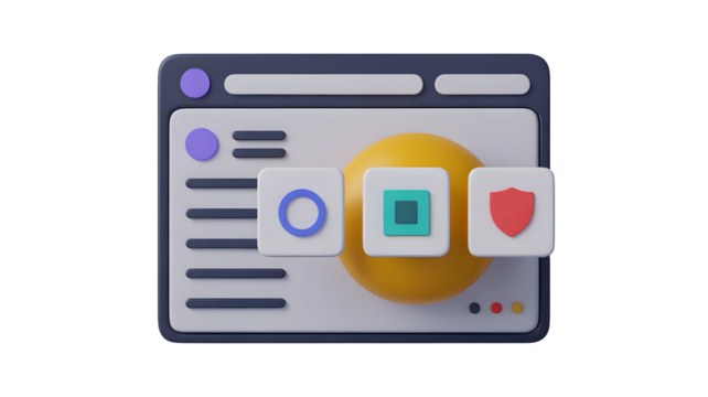 Modern 3D browser interface with vibrant icons for web security, data protection, and online privacy showcasing a contemporary digital design