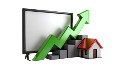 Rising home values, investment growth chart with green arrow pointing upward, a visual representation of real estate appreciation and market success