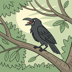 A cartoon crow with its beak open perched on a tree branch surrounded by green foliage and a pale sun