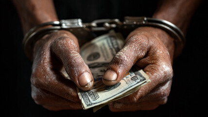 Handcuffed hands holding money cash crime concept