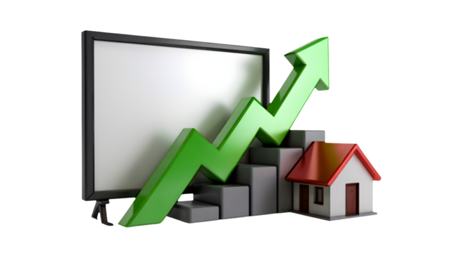 Rising home values, investment growth chart with green arrow pointing upward, a visual representation of real estate appreciation and market success