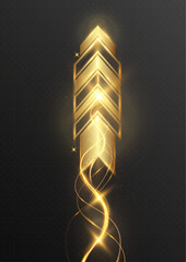 Golden glowing arrow with light swirl trail isolated on transparent background.
