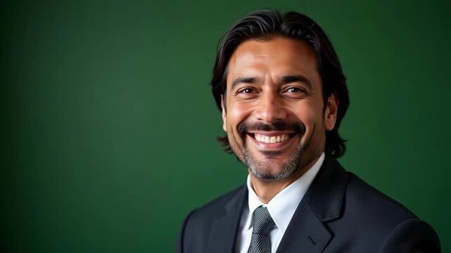 Confident Indian Businessman Smiling in 4K Video Footage Against Green Background. Authentic, Professional, and Expressive Portrait for Business Use