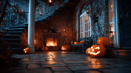Halloween cozy porch abstract background
