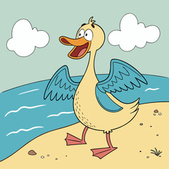 Joyful cartoon duck with wings spread wide walking on a sandy beach by the blue ocean