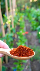 Wooden spoon holding red chili flakes in a garden