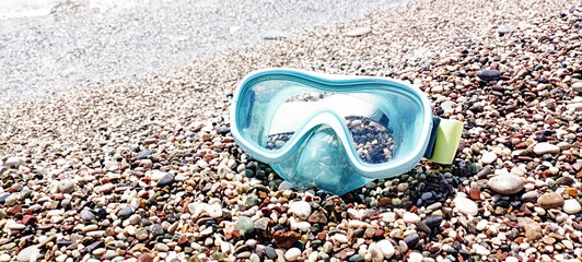 Blue set for diving, silicone mask and snorkel, snorkeling equipment, isolated on white background