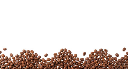Roasted brown coffee beans scattered along the bottom edge of a transparent background, forming a wavy border with ample copy space, high-key studio lighting, concept for coffee advertising