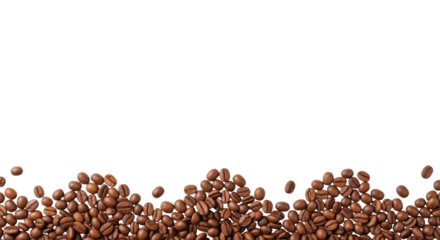 Roasted brown coffee beans scattered along the bottom edge of a transparent background, forming a wavy border with ample copy space, high-key studio lighting, concept for coffee advertising