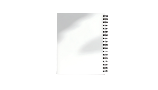 Blank spiral-bound notebook; white pages, subtle shadowing, isolated on black background
