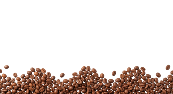 Roasted brown coffee beans scattered along the bottom edge of a transparent background, forming a wavy border with ample copy space, high-key studio lighting, concept for coffee advertising