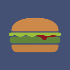A flat design illustration of a cartoon burger with rounded edges including top and bottom bun, lettuce, patty, and ketchup, set against a blue background.