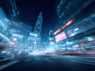 Futuristic city at night with glowing data overlays and light trails. Represents innovation, connectivity,  a digital future. Use for tech  finance.