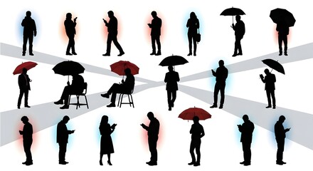 people using smartphones diverse silhouettes browsing texting in public spaces with glowing screens representing modern digital communication  social connection.