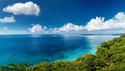 Calm Coastal Landscape With Clear Blue Water Lush Green Forest Along The Shoreline And Large Fluffy White Clouds Scattered Across A Bright Blue Sky