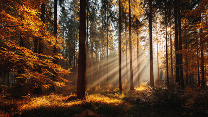 Obraz premium Autumn forest with sunlight rays breaking through golden trees
