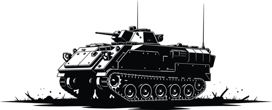 A detailed black and white vector illustration of an m2 bradley infantry fighting vehicle isolated on white background