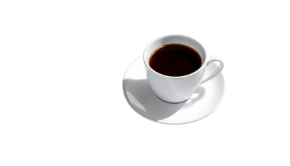 A small, white cup of dark coffee sits on a matching saucer, brightly lit from above, casting a shadow