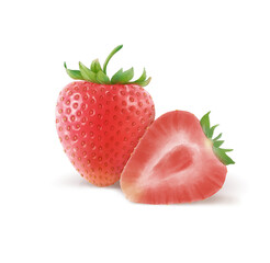 Hand drawn watercolor illustrations of the strawberries on white background.  Ripe red whole and sliced strawberry.