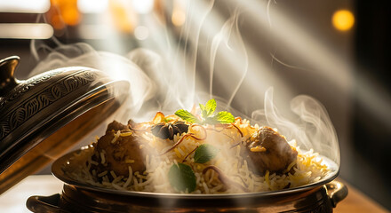 Experience aromatic chicken biryani, a culinary delight with steaming rice and fragrant spices, perfect for food blogs, restaurant menus, and cultural promotions with authentic taste