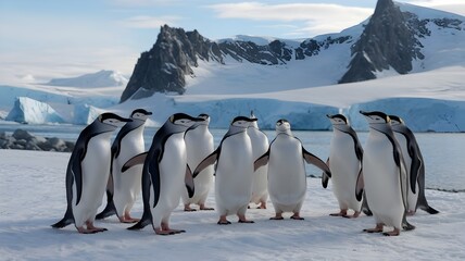 Penguins on icy Antarctic shore with mountains